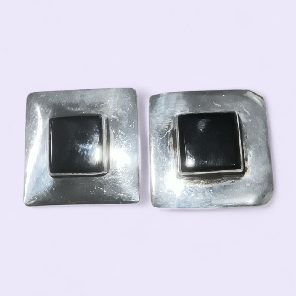 Black Onyx And Sterling Silver Geometric Earrings